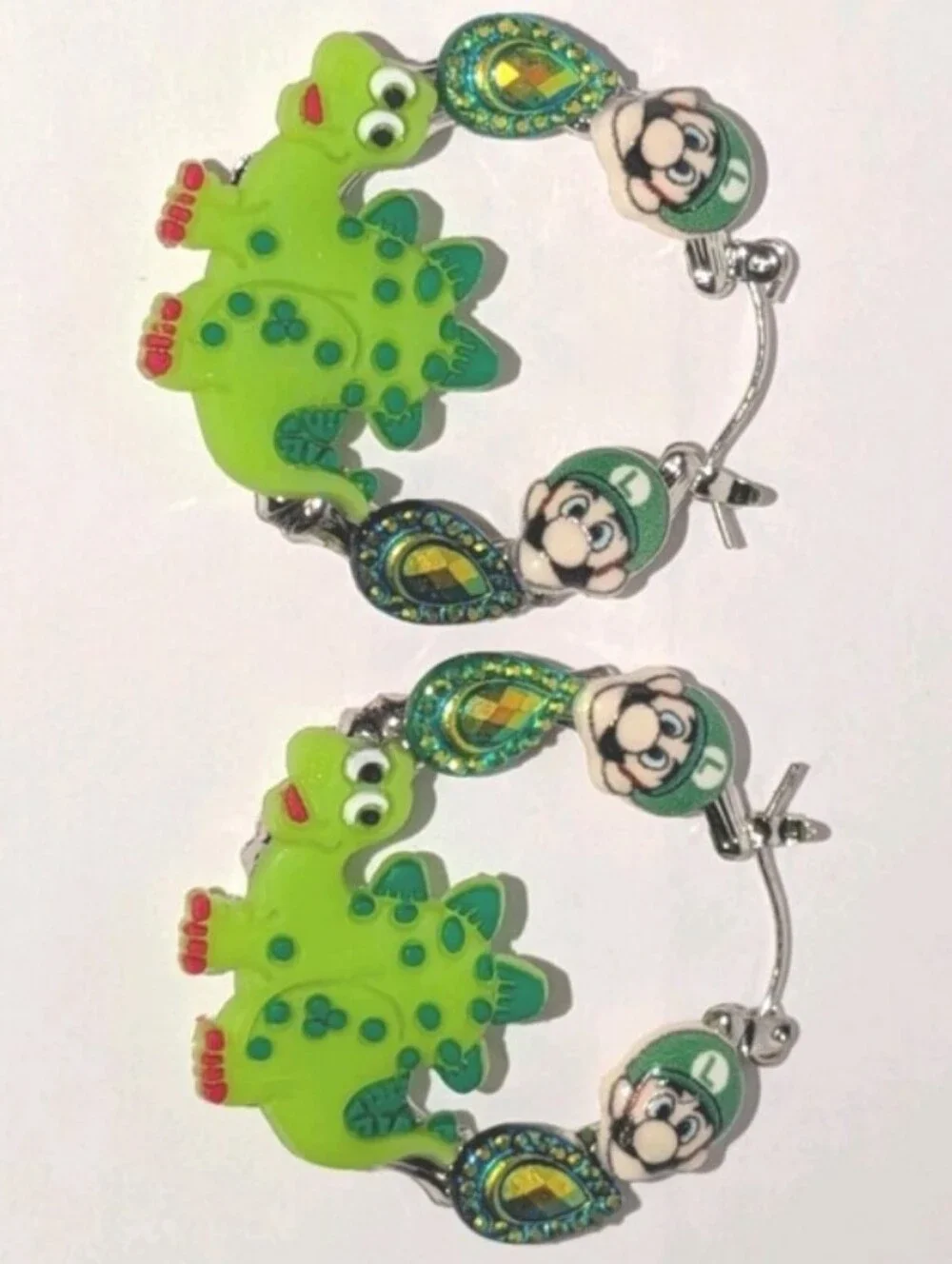 Hand CRAFTED Luigi Dinosaur Hoop Earrings Green For Kids And Adults - Picture 4 of 10